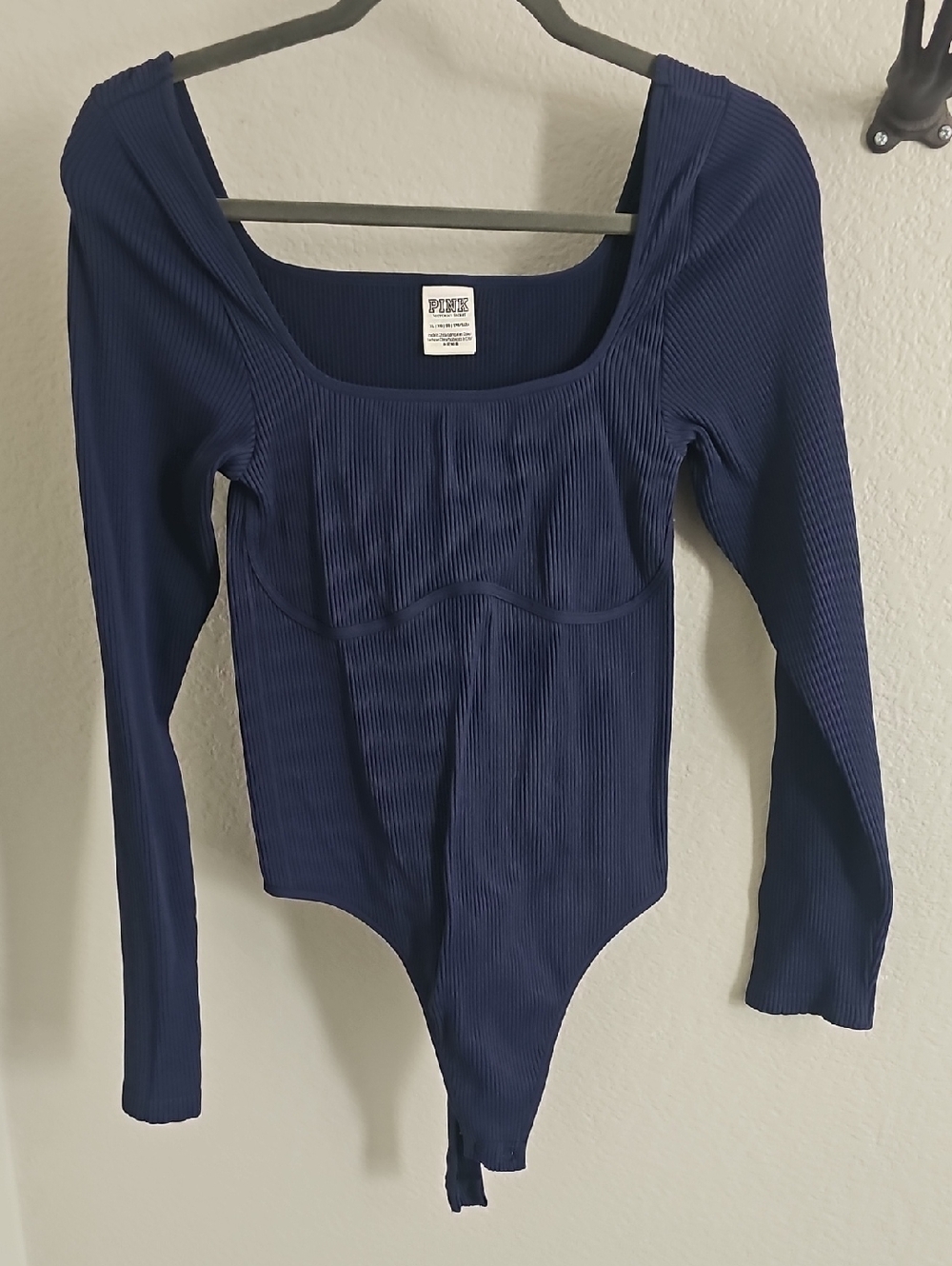 PINK Victoria's Secret Navy Ribbed Long-Sleeve Bodysuit